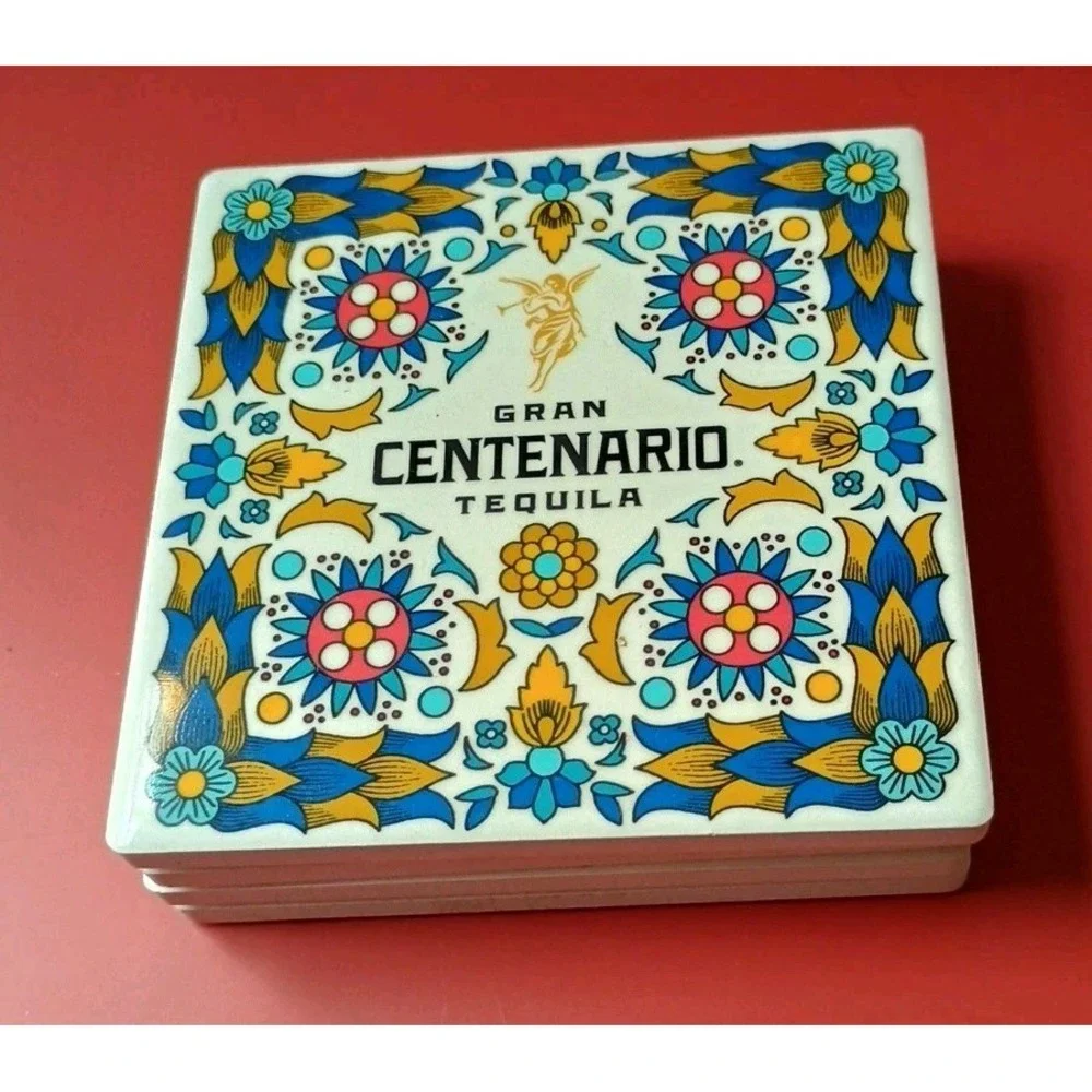 Gran Centenario Tequila Ceramic Tile Coasters Set‎ 4 Square - White Blue Yellow